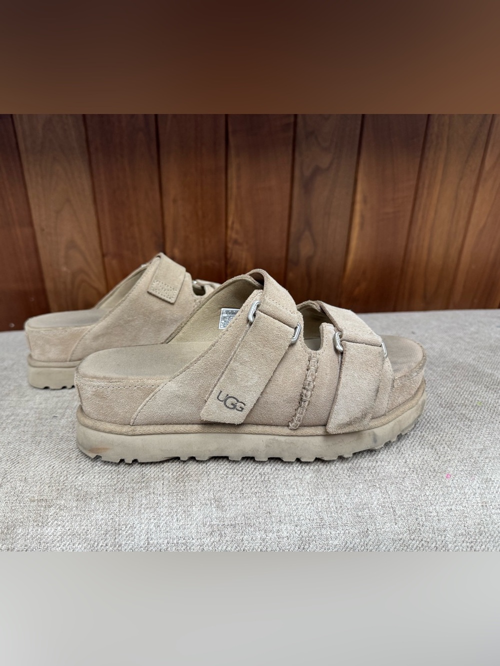 UGG women’s Tan Suede Dual-Strap Slide Sandals